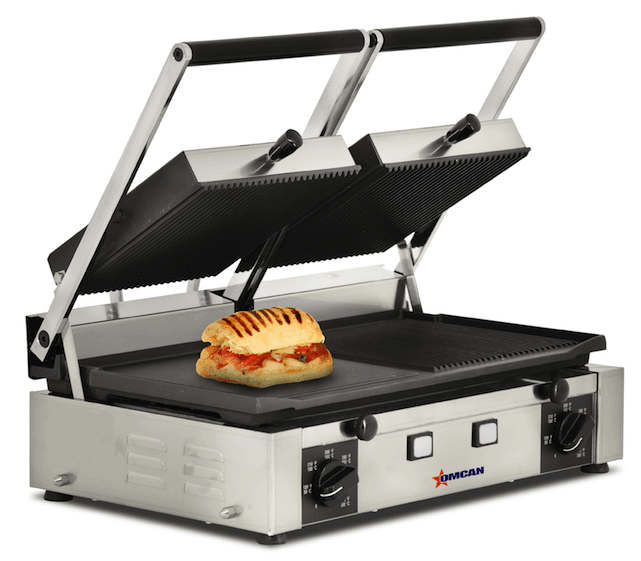 Omcan | PG-IT-0737 - 19" x 10" Double Panini Grill - Grooved Top, Mixed Bottom
