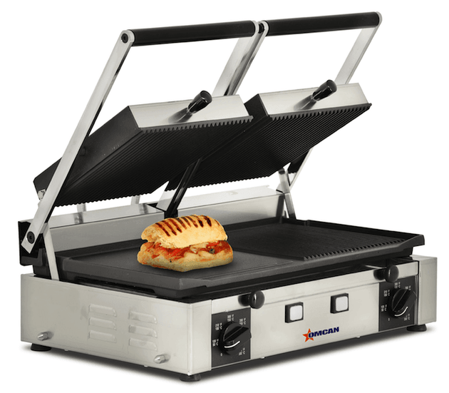 Omcan | PG-IT-0737 - 19" x 10" Double Panini Grill - Grooved Top, Mixed Bottom
