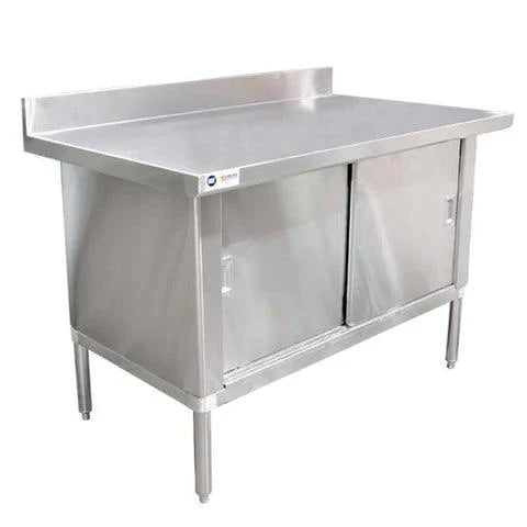 Omcan | Stainless Steel Work Table with Cabinet & Backsplash - 30" Deep, Overhanging Edge